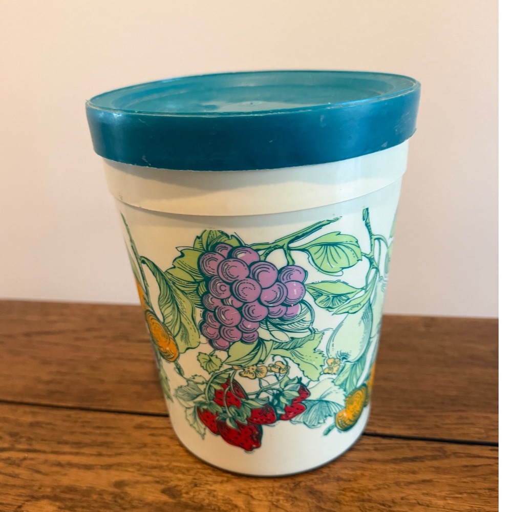 Vintage Floral Kitchen Canister Floral Fruit Print Teal Lid Packer Plastics